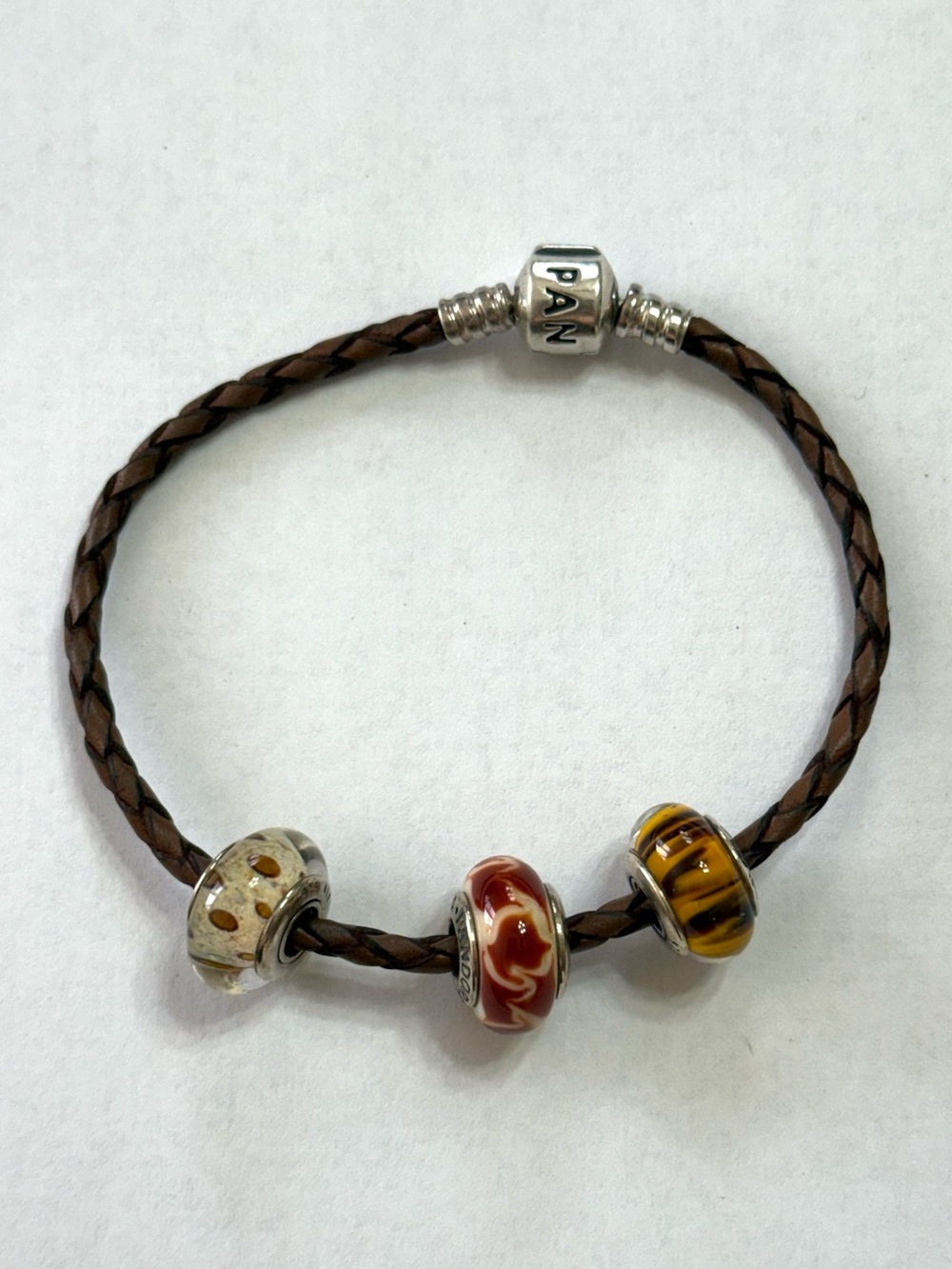 Pandora Brown Braided Leather Bracelet with 3 Murano Pandora Charms